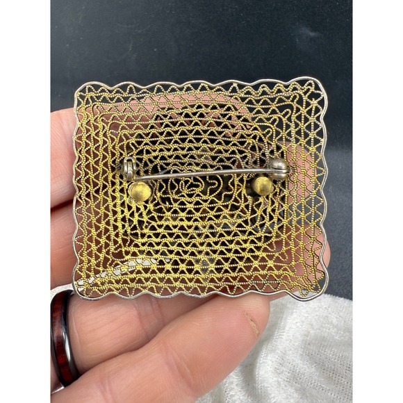 Vintage Filigree Brooch Blue Rhinestones Square Gold Tone - Picture 6 of 8